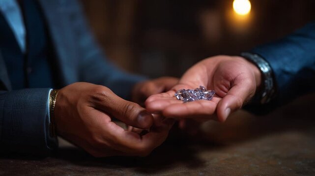 A Subtle Exchange of Precious Gems: Two Hands Silently Handing Over a Collection of Sparkling Purple Crystals in a Dimly Lit Room