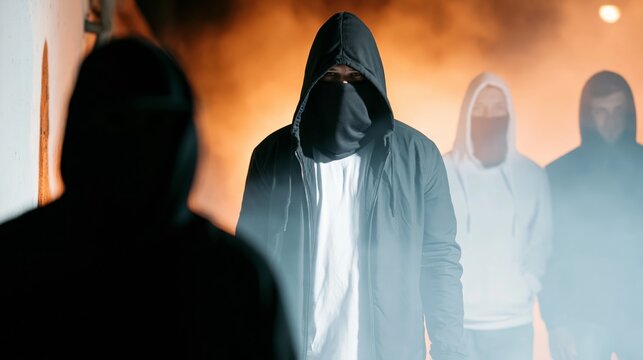 Hooded figures walking through a dark urban alley, creating a dramatic, mysterious, and suspenseful atmosphere