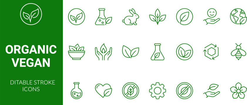 Organic vegan editable stroke icons set for eco friendly and sustainable design