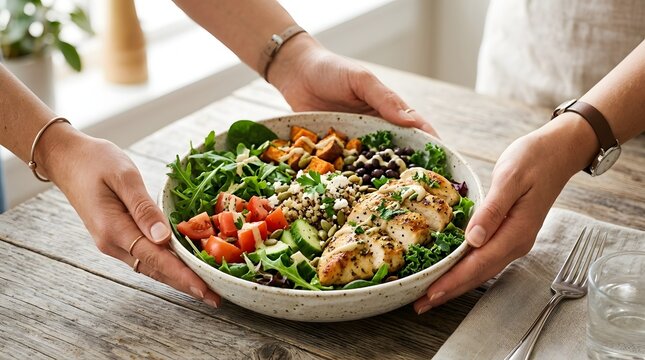 Healthy grilled chicken salad bowl prepared for meal