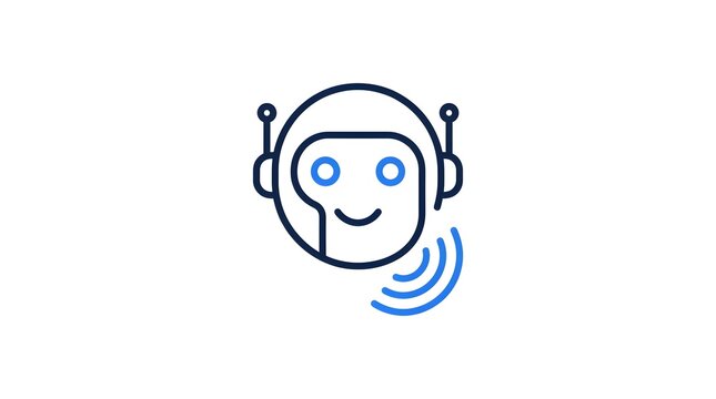 Futuristic AI assistant robot head with sound wave smile in minimalist outline style