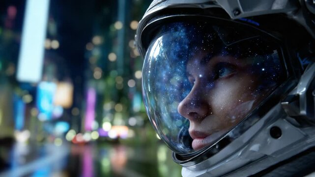 A thoughtful astronaut gazing at the cosmos through a reflective visor, merging the beauty of space with the vibrant city lights, symbolizing exploration and wonder.