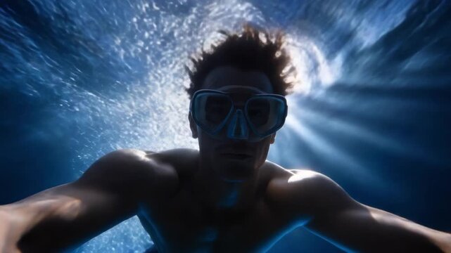An Adventurous Swimmer Captures the Beauty of Underwater Exploration with a Selfie in Crystal Clear Ocean Waters Illuminated by Sunlight