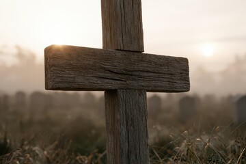 Obraz premium Close-up of a weathered wooden cross in a cemetery at sunrise, with tombstones blurred in the background.