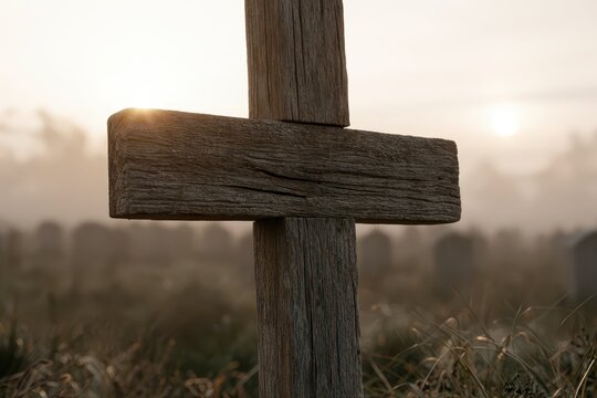 Close-up of a weathered wooden cross in a cemetery at sunrise, with tombstones blurred in the background.