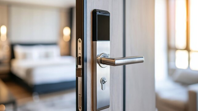 Modern hotel room door with electronic keycard lock, offering a glimpse into a luxurious blurred bedroom bathed in warm light
