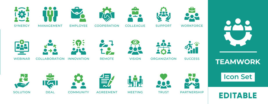 Teamwork Collaboration Synergy Partnership Coworking Leadership Workforce Unity Agreement Vector Icon Set