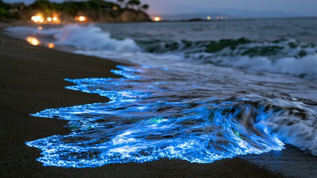 Chemiluminescent bioluminescent dinoflagellate bloom washing ashore on dark sand beach at midnight, cold marine glow, oceanic plankton phosphorescence, coastal ecosystem, Noctiluca scintillans, biol
