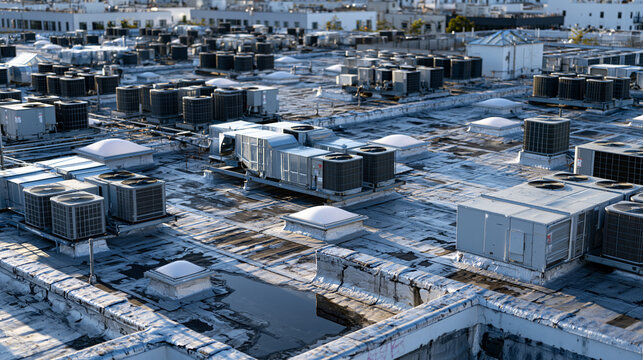 Dense urban rooftop aerial photograph, flat roof membrane EPDM surfaces, rooftop HVAC mechanical plant units, parapet coping weathering, drainage outlet puddle pooling, city block geometry abstracte