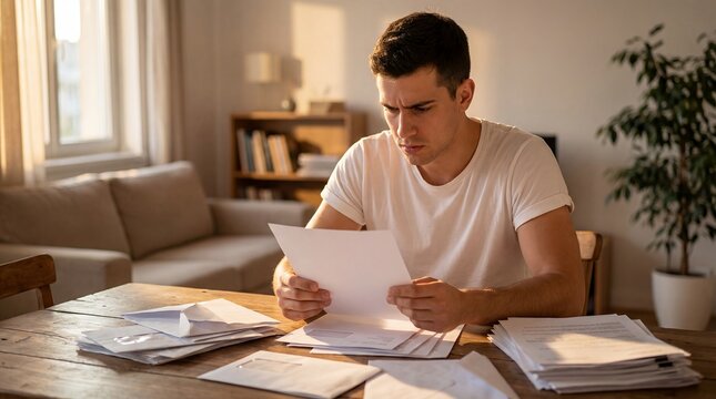 young man reviewing documents dining table home paperwork wide reflective angle warm residential detail adult studies papers and folders in cozy apartment suggesting remote work admin tax planning