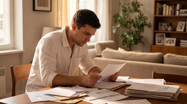 young man reviewing documents dining table home paperwork soft closeup moment focused emotional expression adult studies papers and folders in cozy apartment suggesting remote work admin tax planning