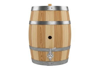 Fototapeta premium A high quality wooden barrel for aging spirits with a metallic dispensing tap isolated on white background