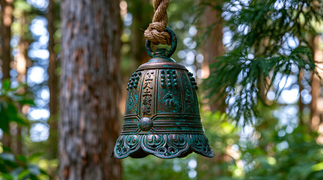 Oxidized bronze temple bell hanging in Japanese cedar woodland shrine approach, verdigris patina surface, Shinto religious artifact, cast metal acoustic instrument, sacred architecture context, fore