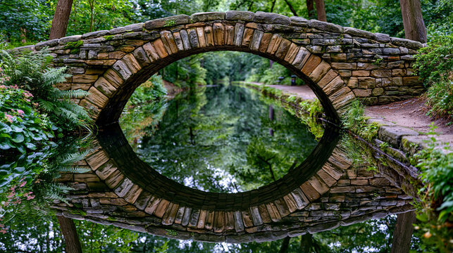 Stone arch bridge mirrored perfectly in still canal water below, sandstone voussoirs doubled in glassy reflection, towpath vegetation framing symmetrical composition, overcast diffused light elimina