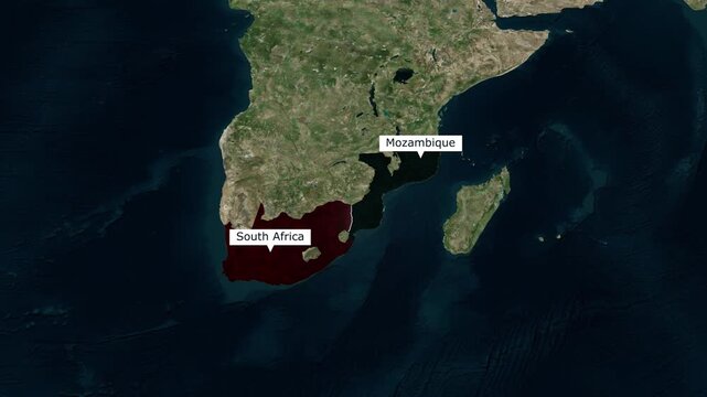 Satellite map animation of Southern Africa highlighting the geographical borders and territories of Mozambique and South Africa for professional geopolitical news broadcasts