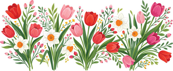 Spring floral border with red and pink tulips, horizontal flower banner with white narcissus and green leaves, botanical vector illustration for greeting cards © Iconify Studio