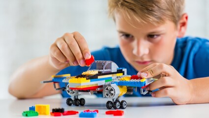 Obraz premium A young boy with blond hair intently builds a colorful Lego airplane on a white table, surrounded by scattered pieces, showcasing his creativity and focus.