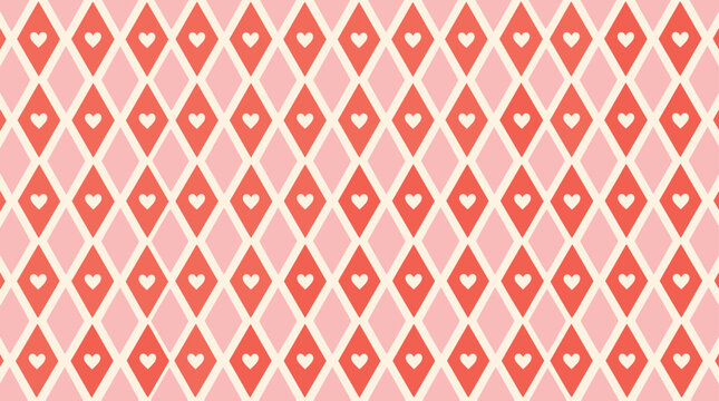 Retro harlequin heart pattern vector, vintage pink and red diamond seamless background, romantic geometric wallpaper for gift wrap
