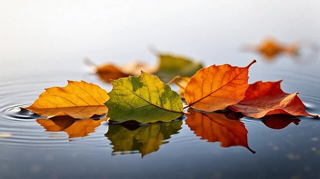 Autumn leaves floating on water