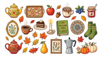 Cozy autumn hygge vector elements, hand drawn fall season clip art set, warm aesthetic icons for thanksgiving and harvest scrapbooking © Iconify Studio