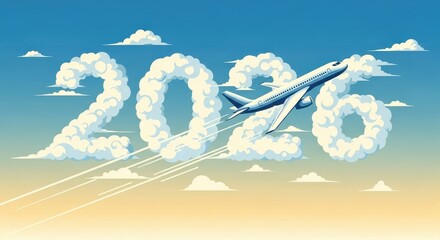 Obraz premium Airplane flying through clouds forming the year 2026