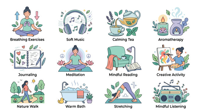 Collection of Self Care and Mental Health Icons Representing Activities for Relaxation and Well-being Such as Breathing Exercises Meditation and Creative Activities
