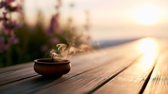 Incense bowl releasing smoke on wooden surface during golden hour, inviting calm and spiritual reflection