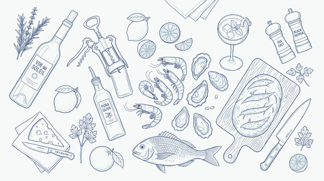 Hand drawn seafood and wine vector set, vintage sketch of mediterranean food and drinks, blue line art icons for restaurant menu design
