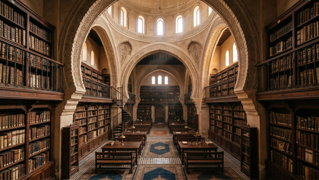 Magnificent university library inspired by Islamic architecture, featuring vast collections of books, elegant arches, and a prestigious academic atmosphere.