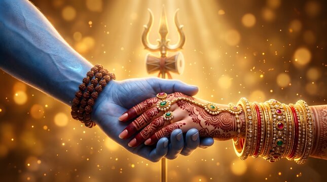 Divine union of lord shiva and goddess parvati holding hands with golden light