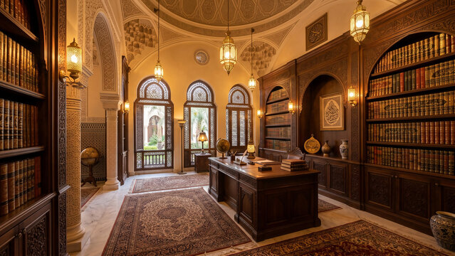 Traditional Islamic study chamber featuring bookshelves, elegant wooden furnishings, warm lighting, and a peaceful scholarly atmosphere inspired by classical Islamic learning centers.