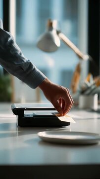 A person places a document on a modern scanner in a bright office environment, preparing to digitize paperwork. Natural daylight streams through large windows, creating a productive workspace