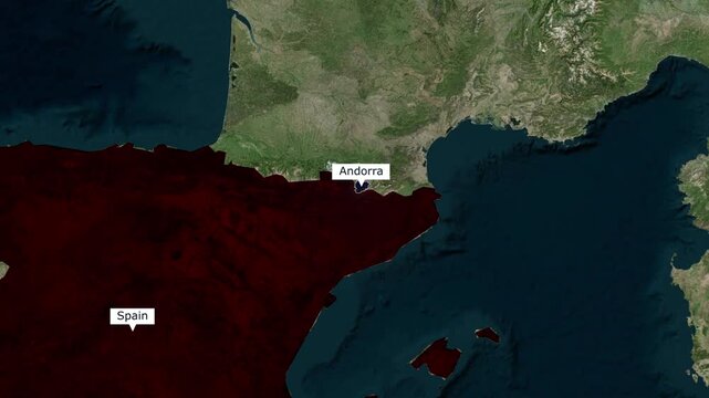 Satellite map animation of Western Europe highlighting the geographical borders and territories of Spain and Andorra for professional geopolitical news broadcasts