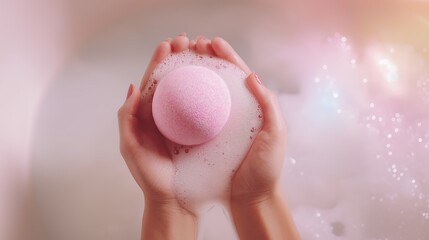Fototapeta premium Hands holding a pink bath bomb creating bubbles and foam, soft water dissolving round sphere, natural personal care product