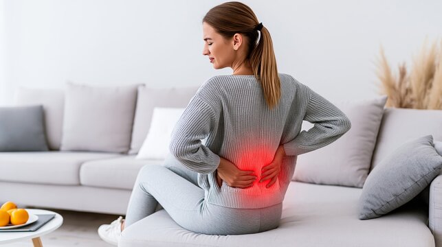 Woman experiencing lower back pain, sitting on a couch at home, discomfort highlighted in red