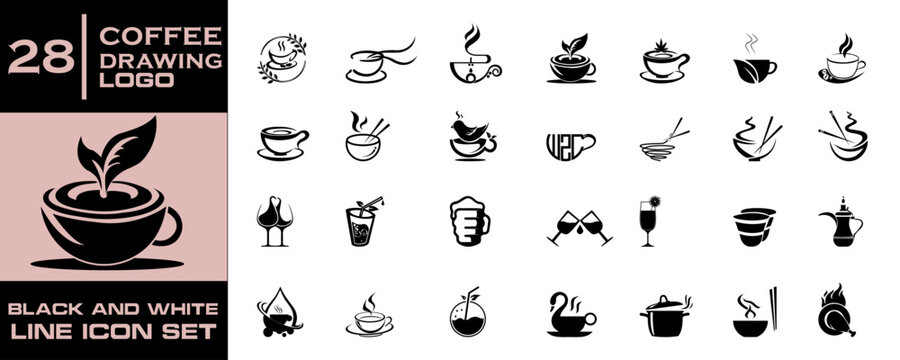 Set of 28 coffee, coffee, logo, set, beverage, drink, cafe, cup, mug, tea, design, collection, sign, symbol, graphic, abstract,  and beverage logo icons and line art designs