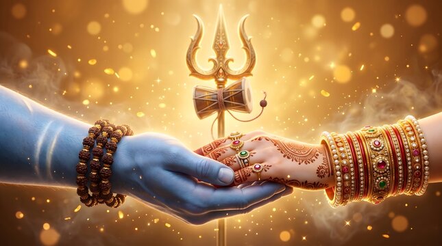 Divine union of lord shiva and goddess parvati hands with sacred trishula symbol