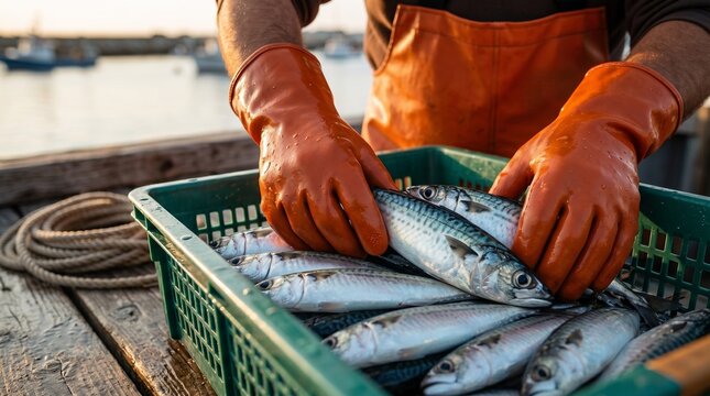 Fisherman in waterproof gear sorting freshly caught mackerel into a green plastic crate on a wooden dock at golden hour
