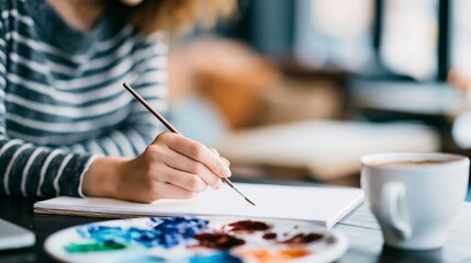 Fototapeta premium Young woman painting with watercolor on paper at cafe table, creative hobby art project at leisure time
