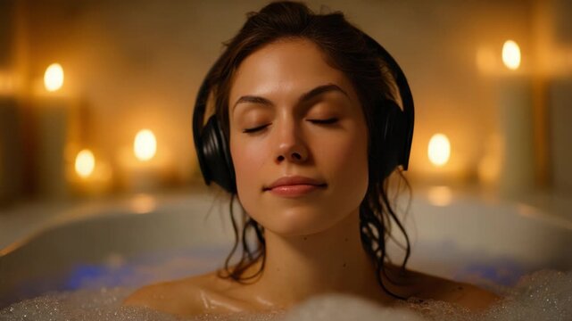 Relaxing Bathing Experience: A Young Woman Enjoys a Calm Moment with Music, Surrounded by Soothing Bubbles and Soft Candlelight in a Luxurious Setting