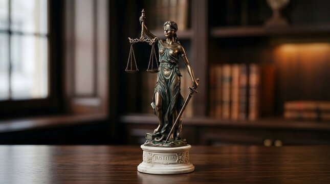 Statue of Justice with Scales and Sword on Table