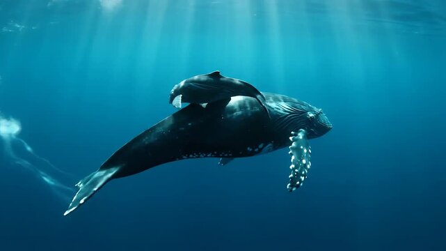 Majestic Humpback Whale and Calf Swim Gracefully in Sunlit Ocean Depths
