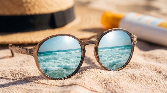 sunglasses ocean reflection beach summer lifestyle travel vibrant candid angle bright commercial crop reflective lenses on towel create minimalist resort mood for vacation accessories coastal branding