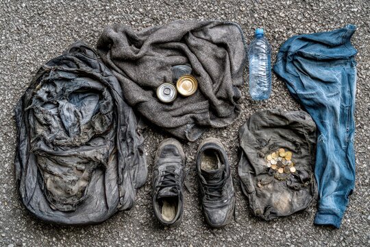 Collection of worn and tattered belongings of a homeless person laid out on asphalt.