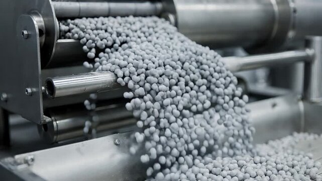 Medium shot capturing the trilobe zeolite pellets emerging from a shaping machine highlighting their unique threelobed design and precision manufacturing