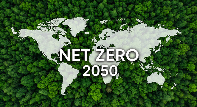 Net zero 2050 climate goal represented over dense forest canopy with environment