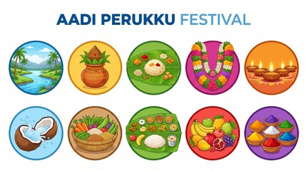Fototapeta premium Aadi Perukku Festival Icons Set with Traditional South Indian Ritual Elements and Offerings
