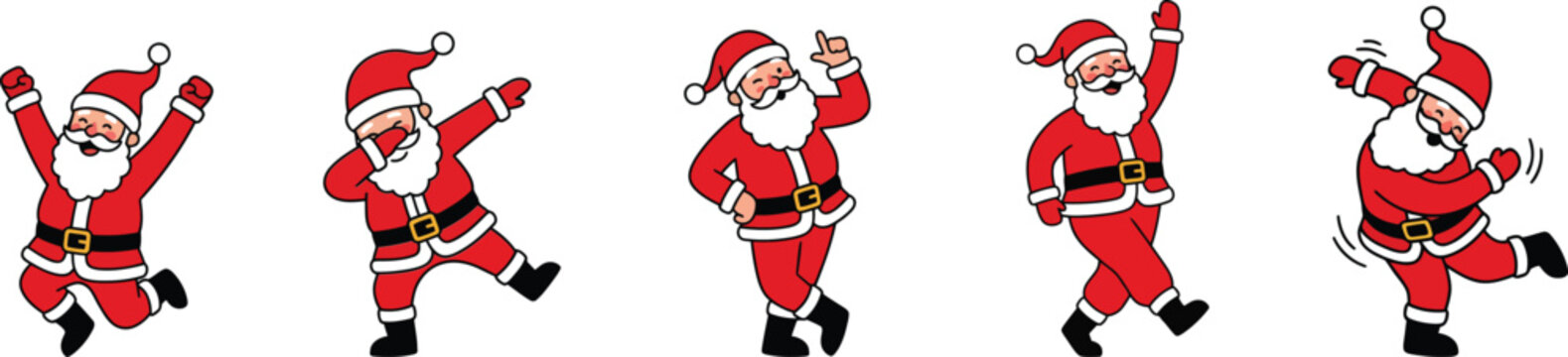 A set of five cartoon santa clauses dancing in different poses isolated on white background