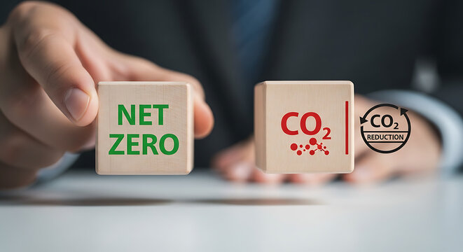 Businessman holding wooden blocks with net zero and carbon emission symbols