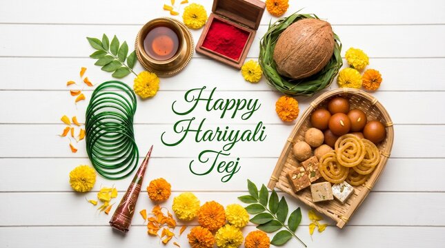 Happy Hariyali Teej Festival Greeting with Traditional Indian Decorations and Festive Elements